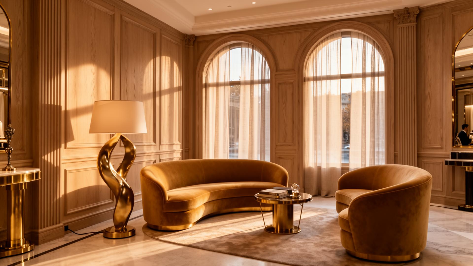 A luxury boutique hotel lobby designed by House of BDP, with curved velvet seating, brass detailing, and warm afternoon light