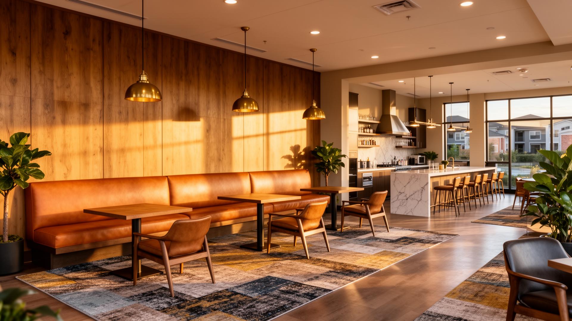 Apartment community clubhouse with leather banquette and brass pendant lighting
