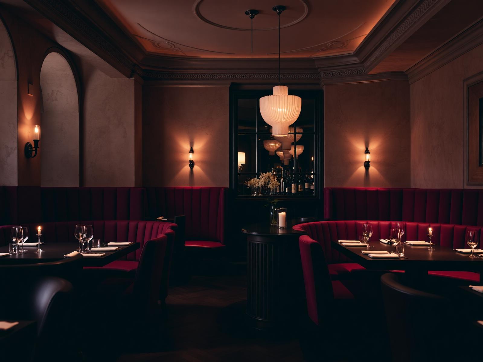 Intimate hotel restaurant with red banquettes and sculptural pendants
