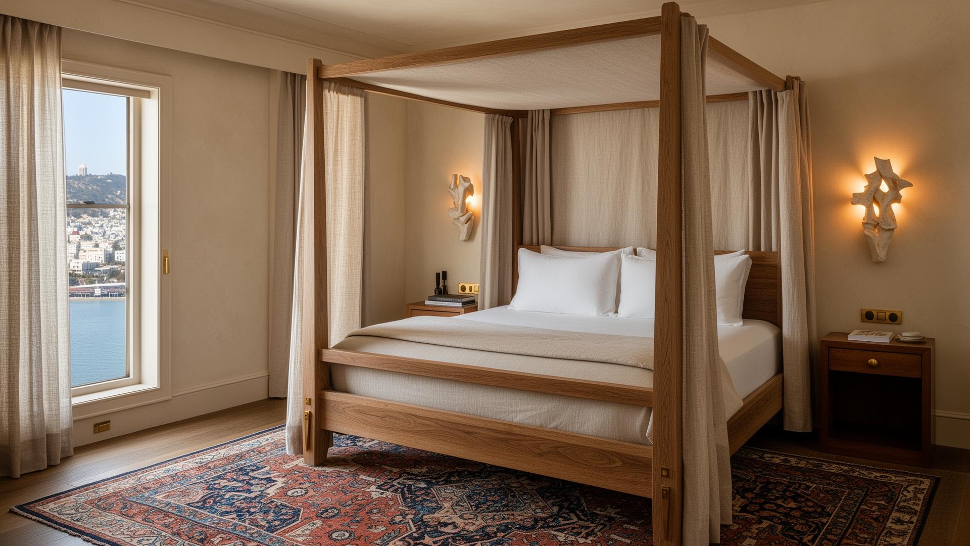 Boutique hotel suite with oak four-poster bed and bay view
