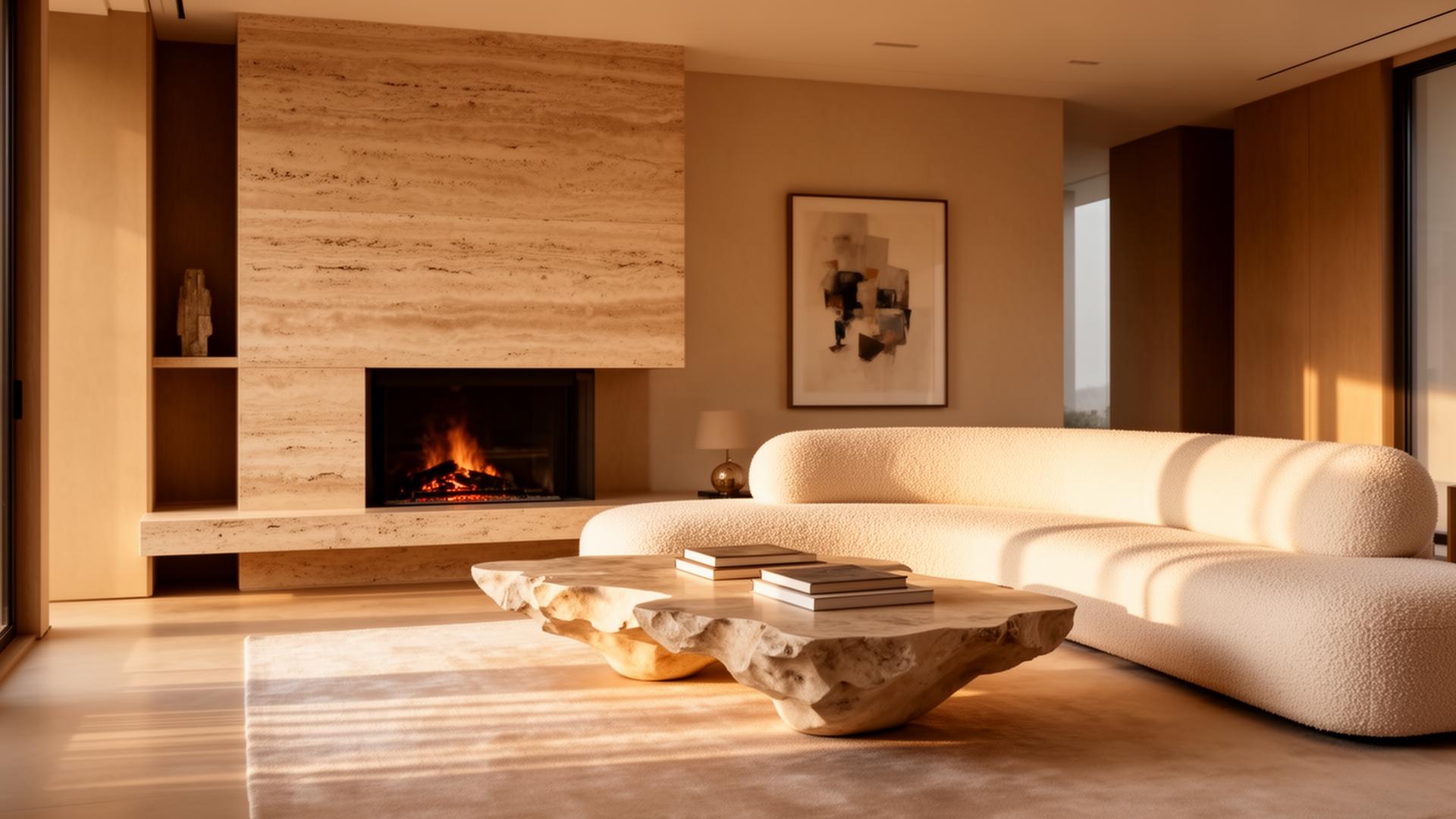 Luxury vacation rental living room with travertine fireplace and bouclé sofa